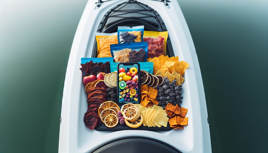 A close-up of various freeze-dried treats, such as fruits and beef jerky, displayed on a kayak deck, demonstrating their variety and ease of use for outdoor activities.