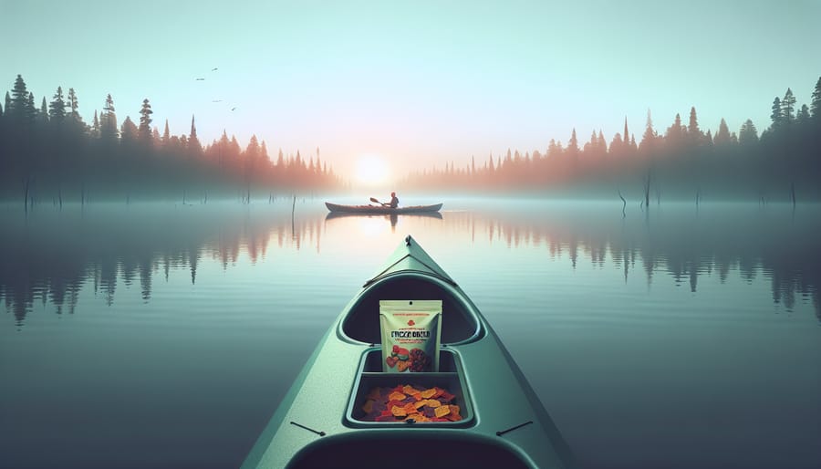 A kayaker on a serene lake with a pack of colorful freeze-dried treats in the kayak's compartment, capturing the essence of combining adventure and nutrition.